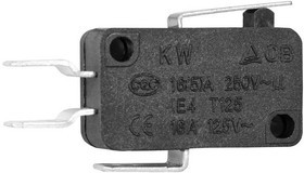 KW7-22, Микропереключатель с укороченной планкой , 16х10.5х27.8 мм, ON-(ON), SPDT 3P, 250 В, 5 А, 30 мОм, -25...+85 °C