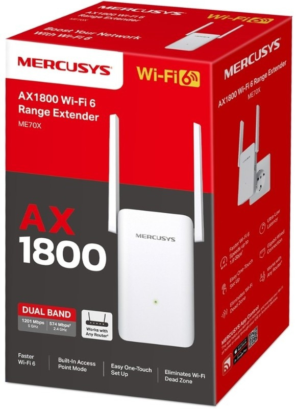 Домашний роутер MERCUSYS AX1800 Усилитель Wi-Fi сигнала, до 574 Мбит/с на 2,4 ГГц + до 1201 Мбит/с на 5 ГГц, 2 фикс. внешние антенны, 1 гиг.