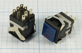 Двухполюсная кнопка с фиксацией и подсветкой синяя, 220В/3А,ON-ON; №1155BB ПКн\250\ 3\DPDT\17x17\чер\син&amp; ILкрСд\\8C\KD2-213\