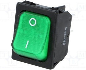 RS13117BBG2N2, ROCKER; DPST; Pos: 2; ON-OFF; 10A/250VAC; green; neon lamp; 250V