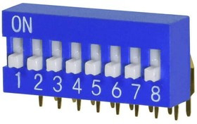 DS03-254-08BE, DIP Switches / SIP Switches DIP Switch, SPST, 2.54 pitch, Raised actuator, right angle, 8 position, Blue