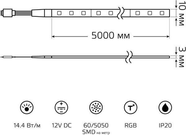 Лента светодиодная Gauss 5050/60-SMD 14,4Вт 12V DC RGB блистер 5м Лента светодиодная Gauss 5050/60-SMD 14,4Вт 12V DC RGB блистер 5м
