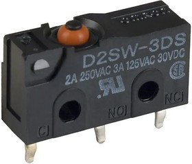 D2SW-3D, Микропереключатель SNAP ACTION, без рычага, SPDT, 3A/125ВAC