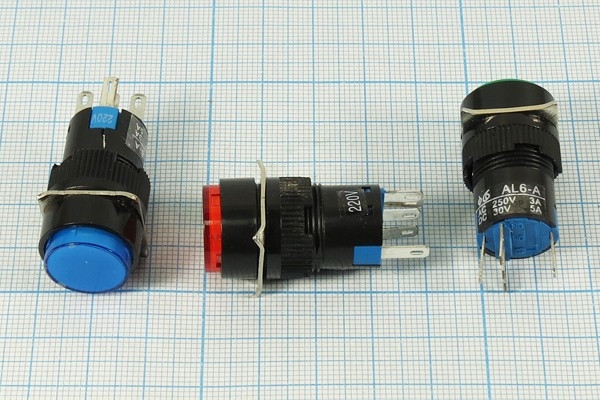 Переключатель кнопочный с фиксацией и подсветкой зелёный, 220В/3А, установочный d16мм; №48 G ПКн\250\ 3\SPDT\d16\чер\ ILзел\\5C\AL6Y-A\