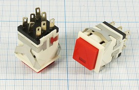 Двухполюсная кнопка с фиксацией и подсветкой красная, 220В/3А,ON-ON; №1155WR ПКн\250\ 3\DPDT\17x17\бел\кр&amp; ILкрСд\\8C\KD2-213\