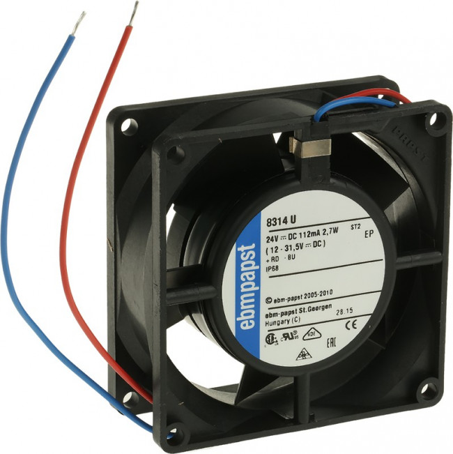 8314U, DC Fans DC Tubeaxial Fan, 80x80x32mm, 24VDC, 31.8CFM, 2.7W, 3300RPM, Ball Bearing, IP68