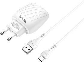 Блок питания (сетевой адаптер) HOCO C78A 2xUSB, 2.4A с кабелем Type-C (белый)