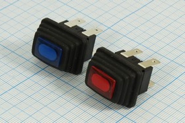 Переключатель кнопочный, 19x13, 12В, 10А, ON-OFF, ILсиний, контакты 4T, SC7097W