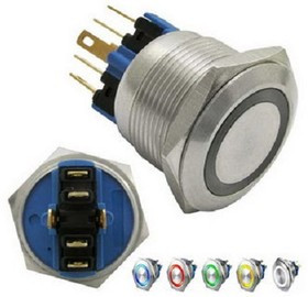 Двухполюсная кнопка с фиксацией и белой подсветкой DPDT, ON-OFF/OFF-ON; №10398Z ПКн\250\ 5\NC&amp;NO\d22\\ILзел12В\ AV65\6C\QGQZ22-11E