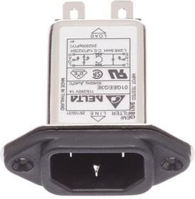 01GEEG3E, AC Power Entry Modules IEC Connector Filter, High Performance, Single, 250VAC, 1A, Screw Mount, N/A-Lug