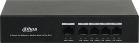 Сетевое оборудование DAHUA 4-портовый неуправляемый коммутатор с РоЕПорты: 4 RJ45 10/100Мбит/с (PoE/PoE+/Hi-PoE), 1 RJ45 10/100Мбит/с (uplin