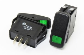 Переключатель клавишный, контакты 3T, 20А, 12В, ON-OFF, подсветка ILзеленая, R13-258BG