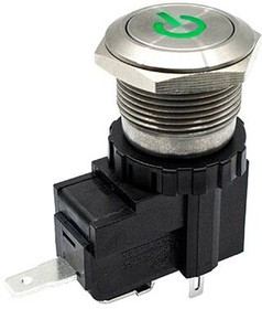 SAV4F1BSS531, Pushbutton Switches Anti-Vandal 19mm, 15A 125/250VAC, 1P ON-(ON), Stainless Steel, Power Symbol Green LED 3V, QC, IP67