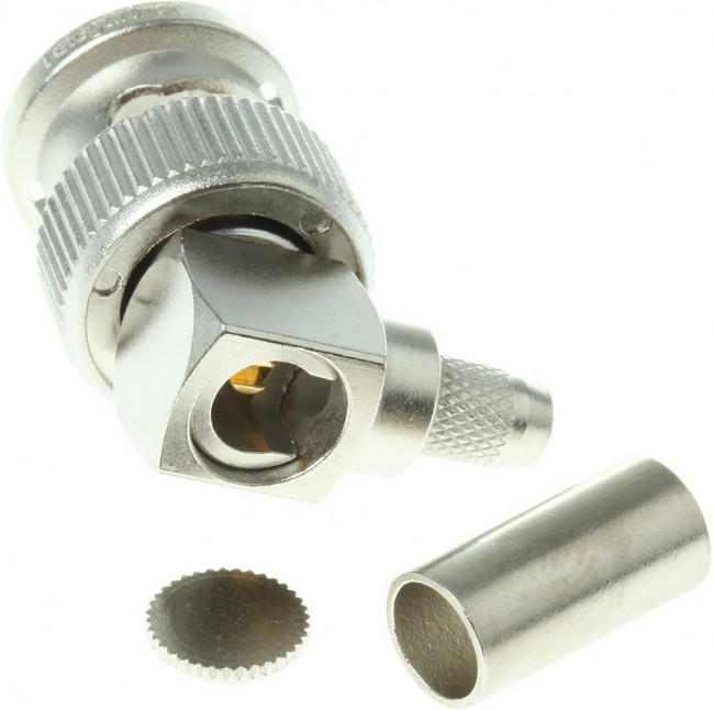 J01000A1257, Plug Cable Mount BNC Connector, 50, Crimp Termination, Right Angle Body J01000A1257, Plug Cable Mount BNC Connector, 50, Crimp Termination, Right Angle Body