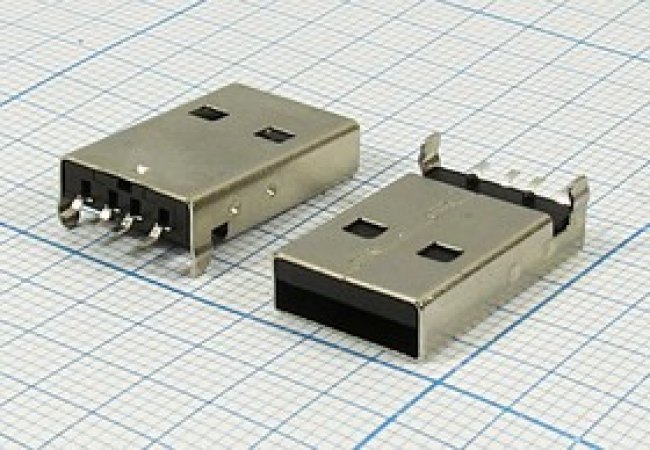 Разъем USB вилка, тип A, контакты на плату, угловой, USBA-SMD