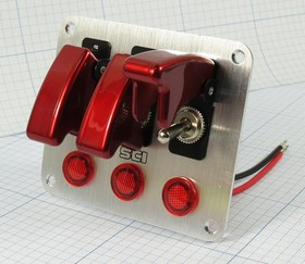 Панель, 95x80, 12В, Переключатель рычажный-3, ILкрасный, на блок-4 отверстия, линза 3
