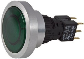 A9PFA1Y2EK2, Illuminated Push Button Switch, Momentary, Panel Mount, 30mm Cutout, DPDT, Green LED, IP65
