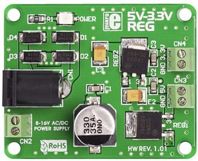 MIKROE-192, 5V-3.3VReg Board, Плата стабилизатора напряжения Uвх:8-16AC/DC Uвых1=5В Uвых2=3.3В