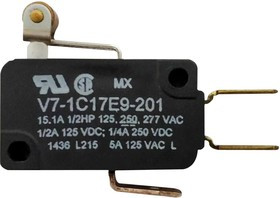 V7-1C17E9-201, Микропереключатель, Миниатюрный, Роликовый Рычаг, SPDT, Быстрое Соединение, 15 А, 250 В DC