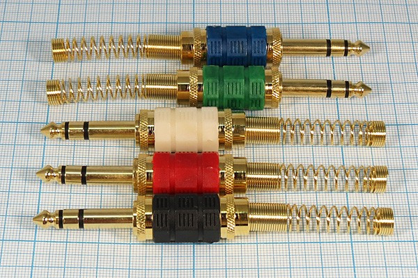 Вилка 6.3 стерео ,контакты 3C ,на кабель ,красный ,пружинный хвост 6мм