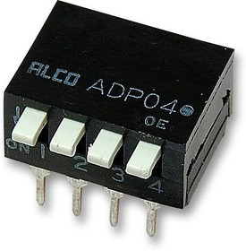 ADP0404, DIP / SIP переключатель, 4 схем(-а), Клавиша, Сквозное Отверстие, SPST, 24 В DC, 100 мА