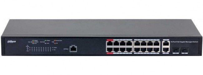 Сетевое оборудование DAHUA 16-портовый гигабитный управляемый коммутатор с PoE, уровень L2Порты: 16 RJ45 10/100/1000Мбит/с (PoE/PoE+/Hi-PoE/