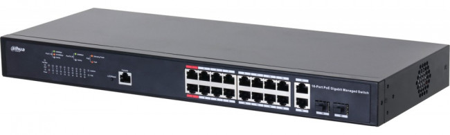 Сетевое оборудование DAHUA 16-портовый гигабитный управляемый коммутатор с PoE, уровень L2Порты: 16 RJ45 10/100/1000Мбит/с (PoE/PoE+/Hi-PoE/