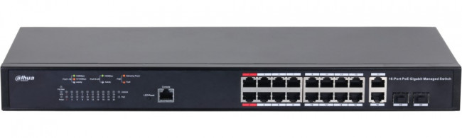 Сетевое оборудование DAHUA 16-портовый гигабитный управляемый коммутатор с PoE, уровень L2Порты: 16 RJ45 10/100/1000Мбит/с (PoE/PoE+/Hi-PoE/