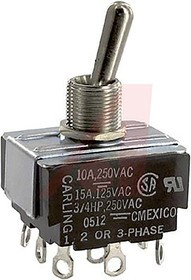 HL250-73, Toggle Switches 3-pole, ON - None - ON, 10A/15A 250VAC/125VAC 3/4 HP, Non-Illuminated Bat Style Toggle Switch with Solder Lug
