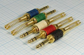 Вилка 6.3 стерео ,контакты 3C ,на кабель ,синий , пружинный хвост 6мм