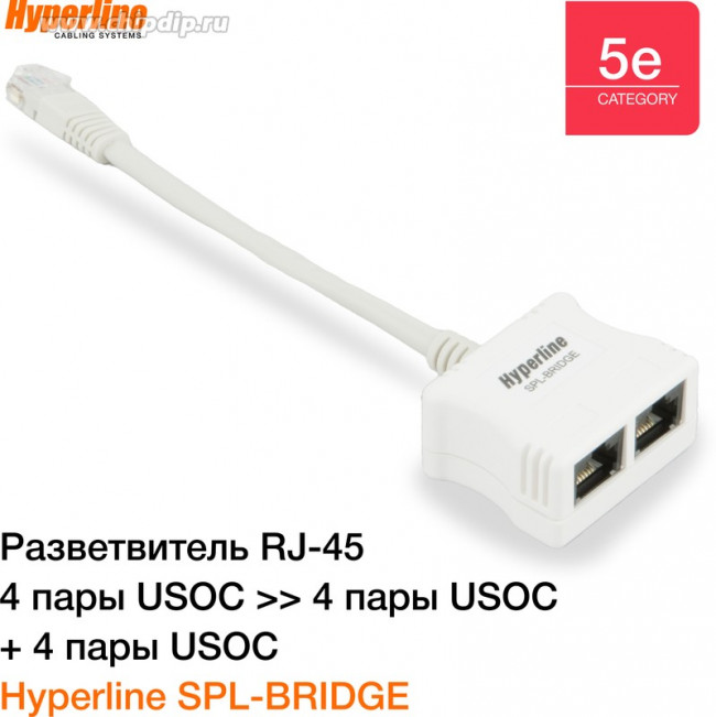 01 Разветвитель Hyperline, RJ-45 4Prр.USOC -  2 x 4Pr.USOC, цвет белый