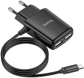 Блок питания (сетевой адаптер) HOCO C82A Real power 2xUSB, 2.4A с кабелем micro USB (черный)