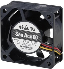 109R0612J4021, DC Fans DC Axial Fan, 60x60x25mm, 12VDC, 37.4CFM, Ribless, Ball, Wire, Lock Sensor