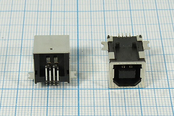 Разъем USB розетка, тип B, контакты на плату, угловой, USB B-FR SMD Разъем USB розетка, тип B, контакты на плату, угловой, USB B-FR SMD