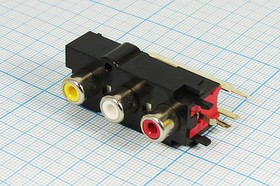 Разъем RCA х 3 розетка, на плату, черный + белый + желтый, вертикальный