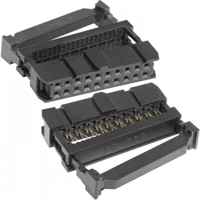 Гнездо IDC на 20 контактов, шаг 2.54x2.54мм, на шлейф; №523 гн IDC\P2,54x2,54\ 20HP\шлейф\\IDC-20F
