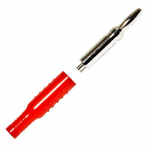 BU-P5169-2, Red Male Banana Plug, 4 mm Connector, Crimp, Solder Termination, 15A, 5000V dc, Nickel Plating