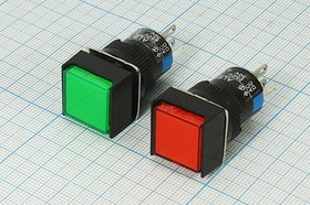 Переключатель кнопочный, d16, 220В, 3.0А, ON-ON, ILкрасный, контакты 5C, AL6F-A