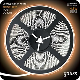 Gauss Лента LED 2835 -SMD 4.8W 12V DC теплый белый (блистер 5м) Gauss Лента LED 2835 -SMD 4.8W 12V DC теплый белый (блистер 5м)