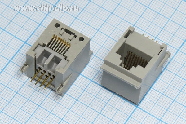 Разъем телефонный TJ8-8P8C[RJ-45] розетка, контакты 8P, на плату, угловой, TJ8-8P8C[RJ-45]