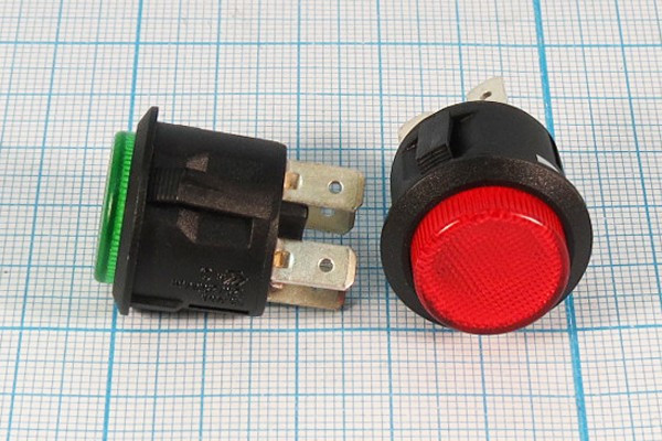 Двухполюсная кнопка с фиксацией DPST, 2xOFF-ON, красная с подсветкой, 12В/10А; №10226R ПКн\ 12\10\DPST\d20\чер\ ILкр\\4T\R13-527BL-02R\