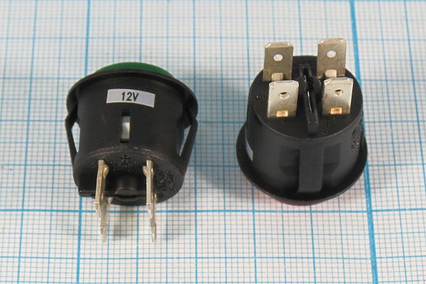 Двухполюсная кнопка с фиксацией DPST, 2xOFF-ON, красная с подсветкой, 12В/10А; №10226R ПКн\ 12\10\DPST\d20\чер\ ILкр\\4T\R13-527BL-02R\