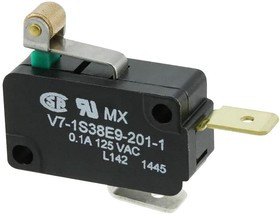 V7-1S38E9-201-1, Микропереключатель, Миниатюрный, Роликовый Рычаг, SPST-NC, Быстрое Соединение, 100 мА