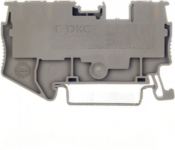 Клемма проходная зажим push-in 3 точки подключения 2.5кв.мм сер. DKC VPR-2.5-TWIN-GY Клемма проходная зажим push-in 3 точки подключения 2.5кв.мм сер. DKC VPR-2.5-TWIN-GY
