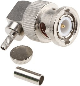 J01000A0010, Plug Cable Mount BNC Connector, 50, Crimp Termination, Right Angle Body