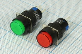 Переключатель кнопочный, d16, 12В, 5.0А, ON-(ON), ILкрасный, контакты 5C, AL6-A12V