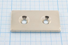 Магнит 50,0x25,0x 4/2отв d5, параллелепипед, Ni