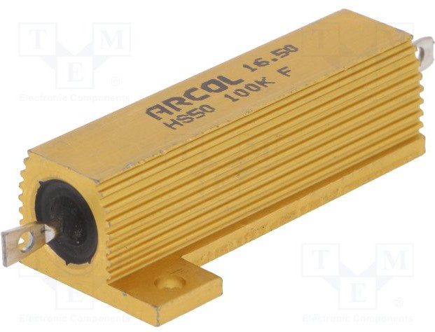HS50 100K F, Резистор: проволочный, с радиатором, винтами, 100кОм, 50Вт, ±1% HS50 100K F, Резистор: проволочный, с радиатором, винтами, 100кОм, 50Вт, ±1%