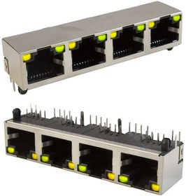 TJ9-8P8-04 LED, Блок сетевых розеток RJ 8P8C FTP c LED индекацией, 4 гнезда