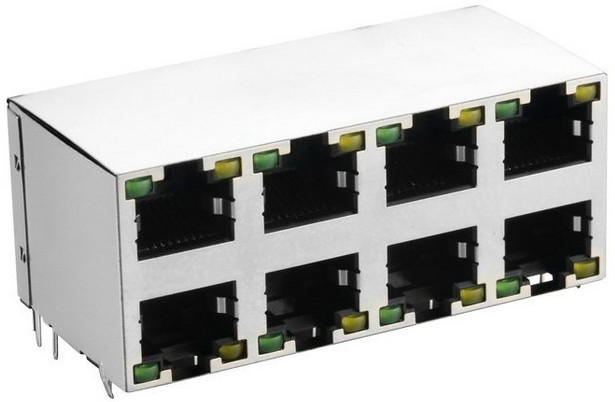 TJ9-2-10P8-04 LED, Блок сетевых розеток RJ 10P8C FTP c LED индекацией, двухрядный, 8 гнезд